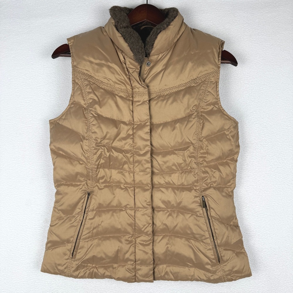 Eddie Bauer Puffer Vest Womens Small Tan Goose Down Faux Fur Trim Collar